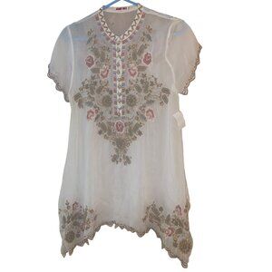 Johnny Was Womens Top Size S White Talum Allover Embroidered Tunic Boho Chic